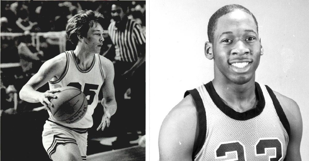 1982: Mark Price, Enid (left); Wayman Tisdale, Booker T. Washington (right); and Steve Hale, Jenks